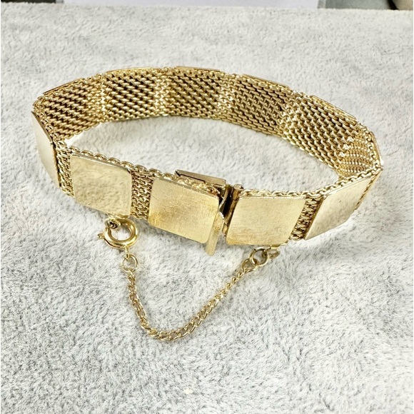 Vintage Shiny And Textured Gold Plated Squares On Mesh Safety Clasp Bracelet